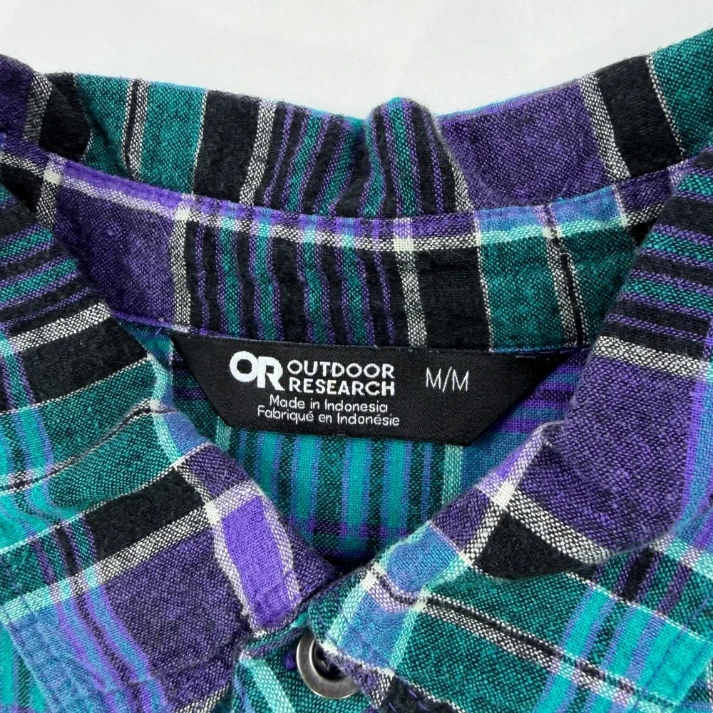 Outdoor Research Weisse Plaid Shirt Mens M Teal Purple Hemp Cotton S/S Button